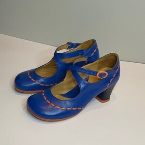 Fluevog Operetta Malibran blue with orange stitch